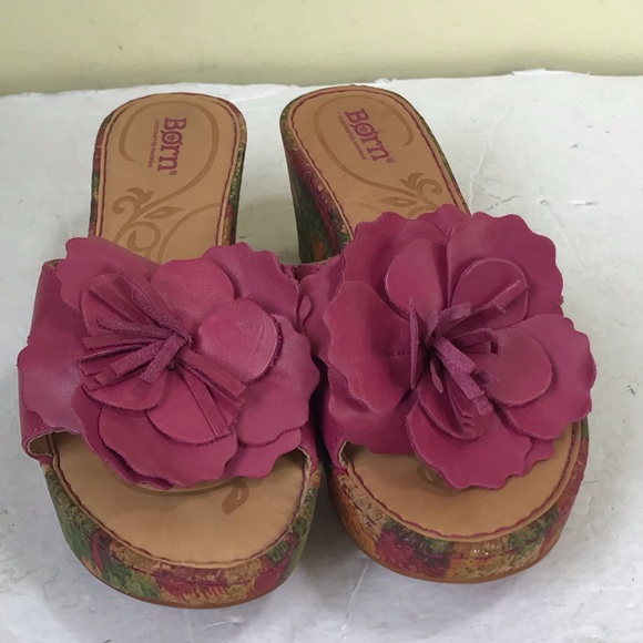 BOC NEW Flower Leather Wedge Platform Sandals Pink Multi Shoes Slides Slip On 7 - Picture 5 of 16